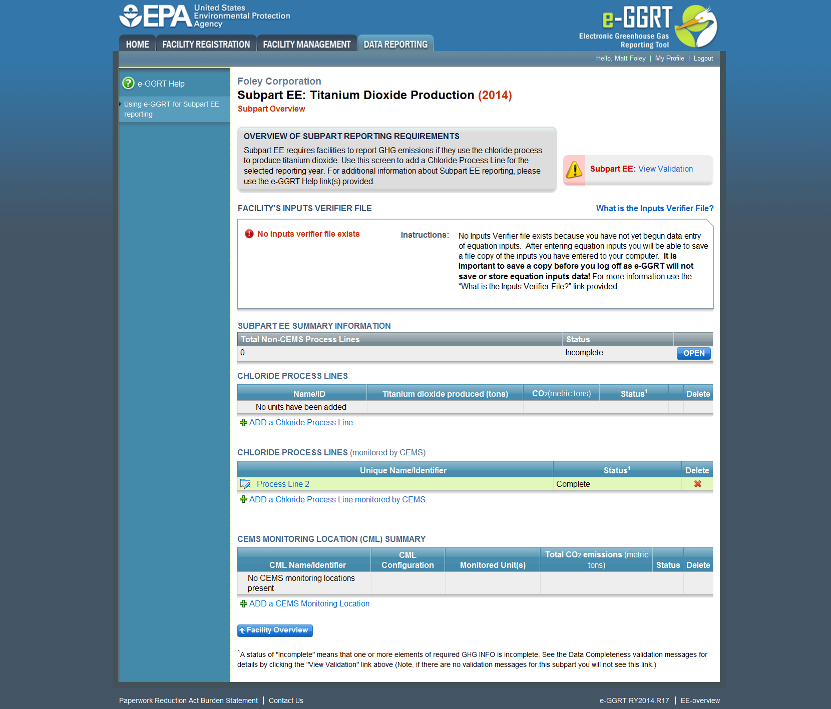 Subpart EE: CEMS MONITORING LOCATION (CML) SUMMARY